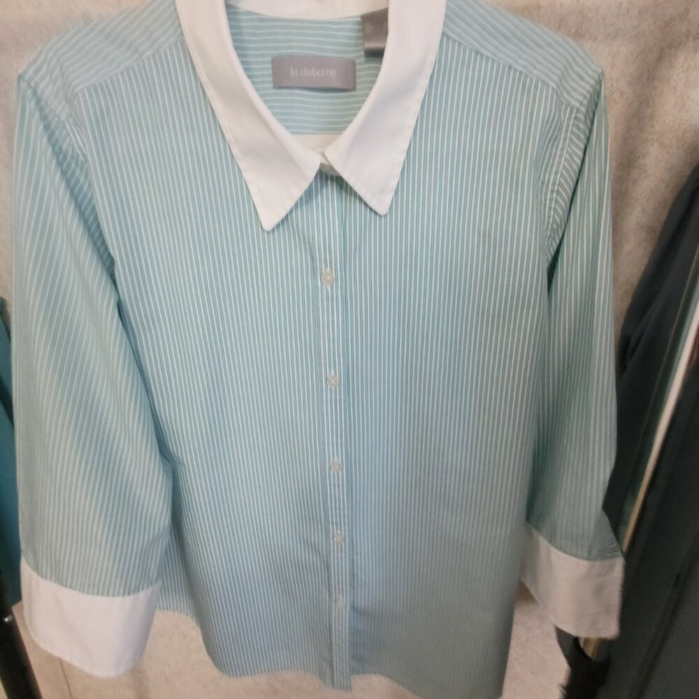 Teal Blue & White Pin Stripe Blouse XL Liz Claiborne - Picture 16 of 16